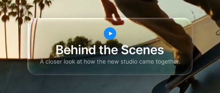 A clear glass title card over a skatepark shot. Palm trunks and the horizon bend and split into color fringes at the card's edge.